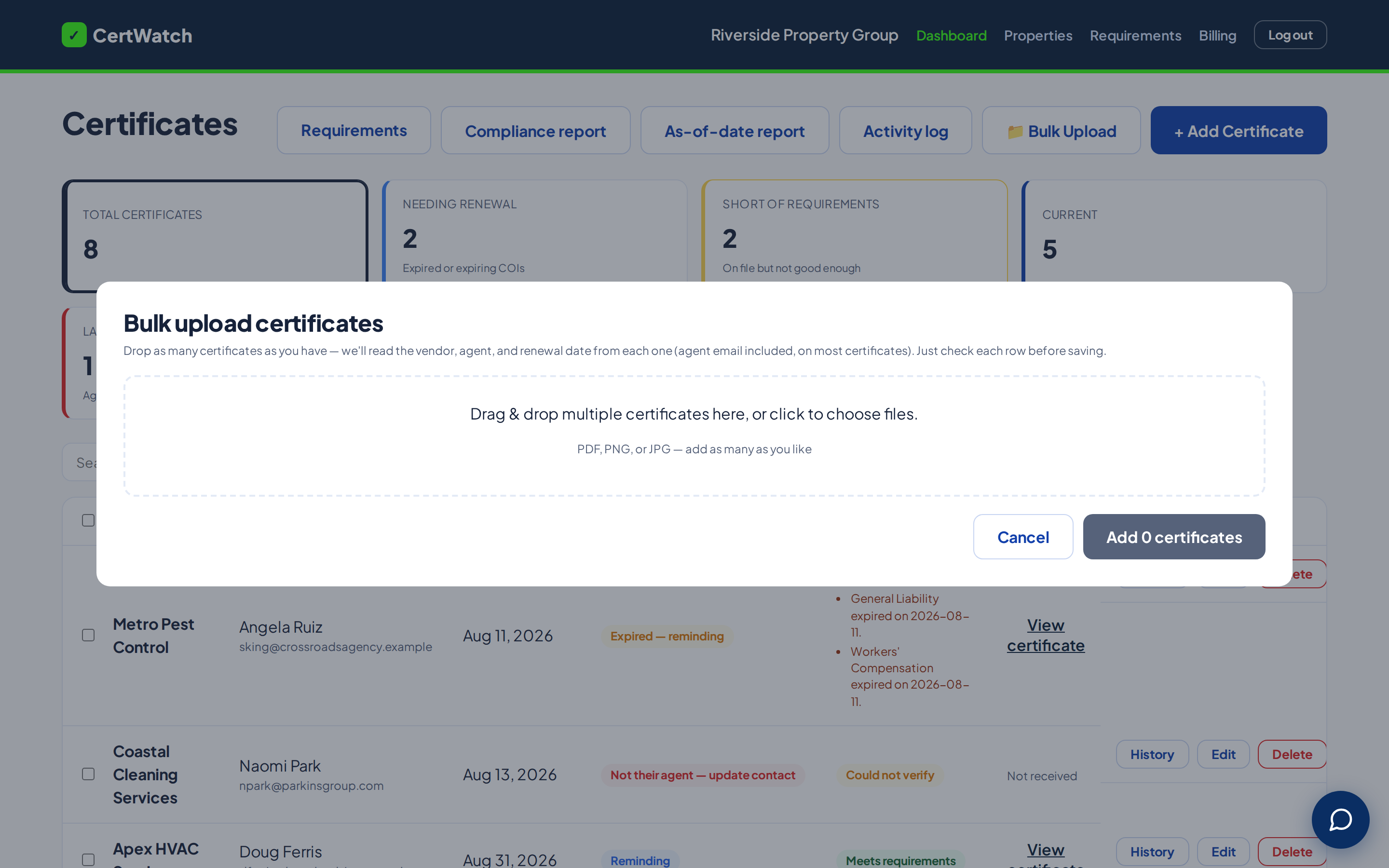 CertWatch onboarding screen prompting a new user to upload all their current certificates of insurance at once